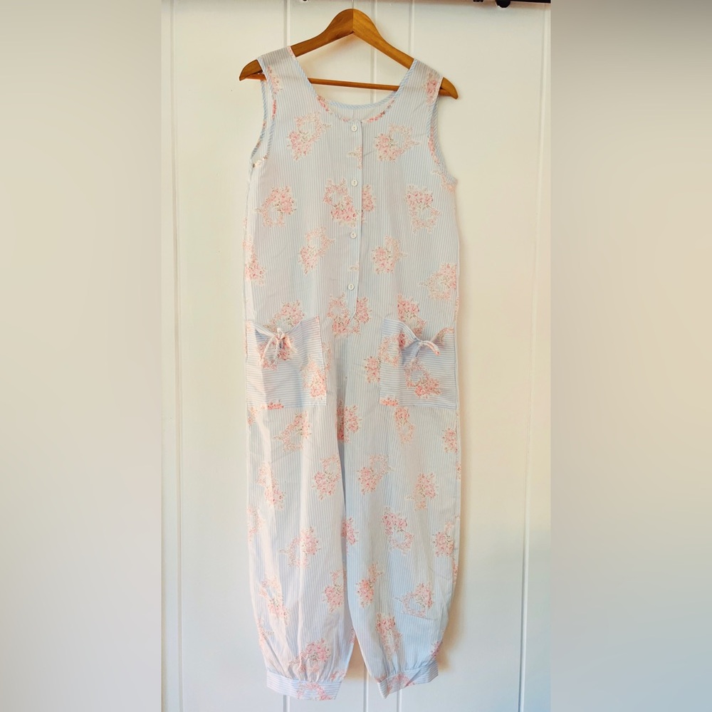 Vintage Floral Stripe Cotton Blend Balloon Jumper Sleeveless Blue White Pink Sm